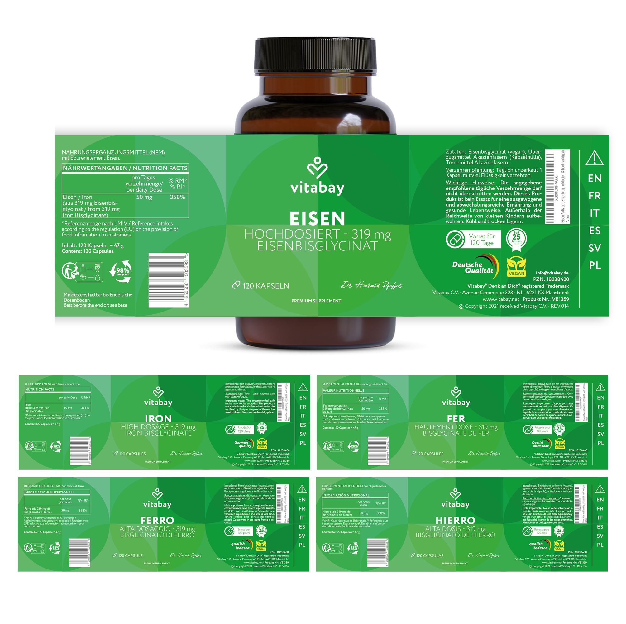 Etichette del prodotto Vitabay Eisen Aktiv 319 mg. Diverse lingue. Informazioni sugli ingredienti e sul valore nutrizionale.