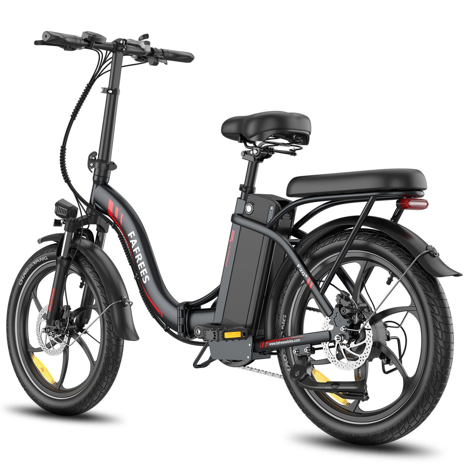 E-bike pieghevole Fafrees F20+ nera. Visibili: sella, portapacchi, batteria, parafanghi, cerchi con linea rossa.
