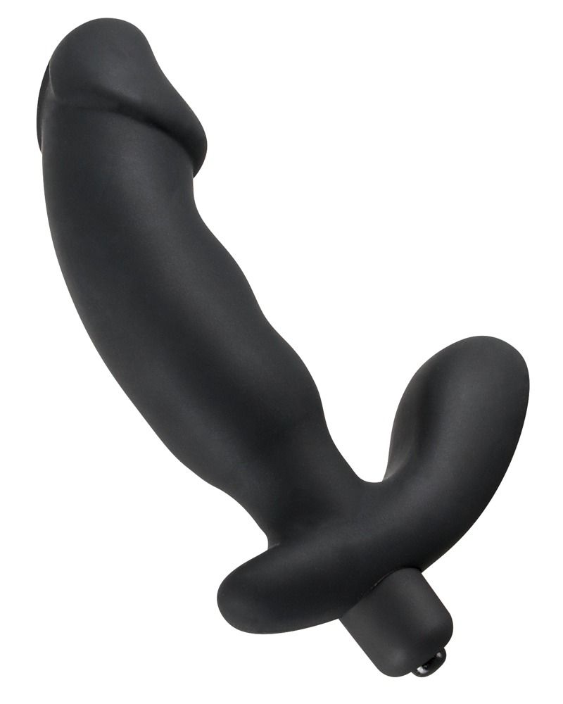 Vibratore nero a forma di pene. Modellato con un fusto e una base.