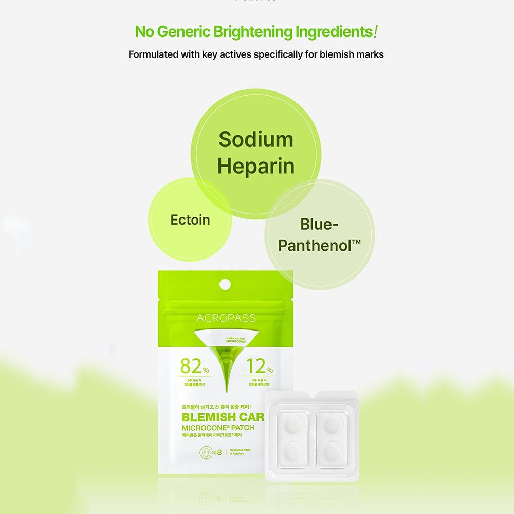 Confezione di patch ACROPASS Blemish Care e ingredienti: Sodium Heparin, Ectoin, Blue-Panthenol. Confezione verde e bianca e blister bianchi.