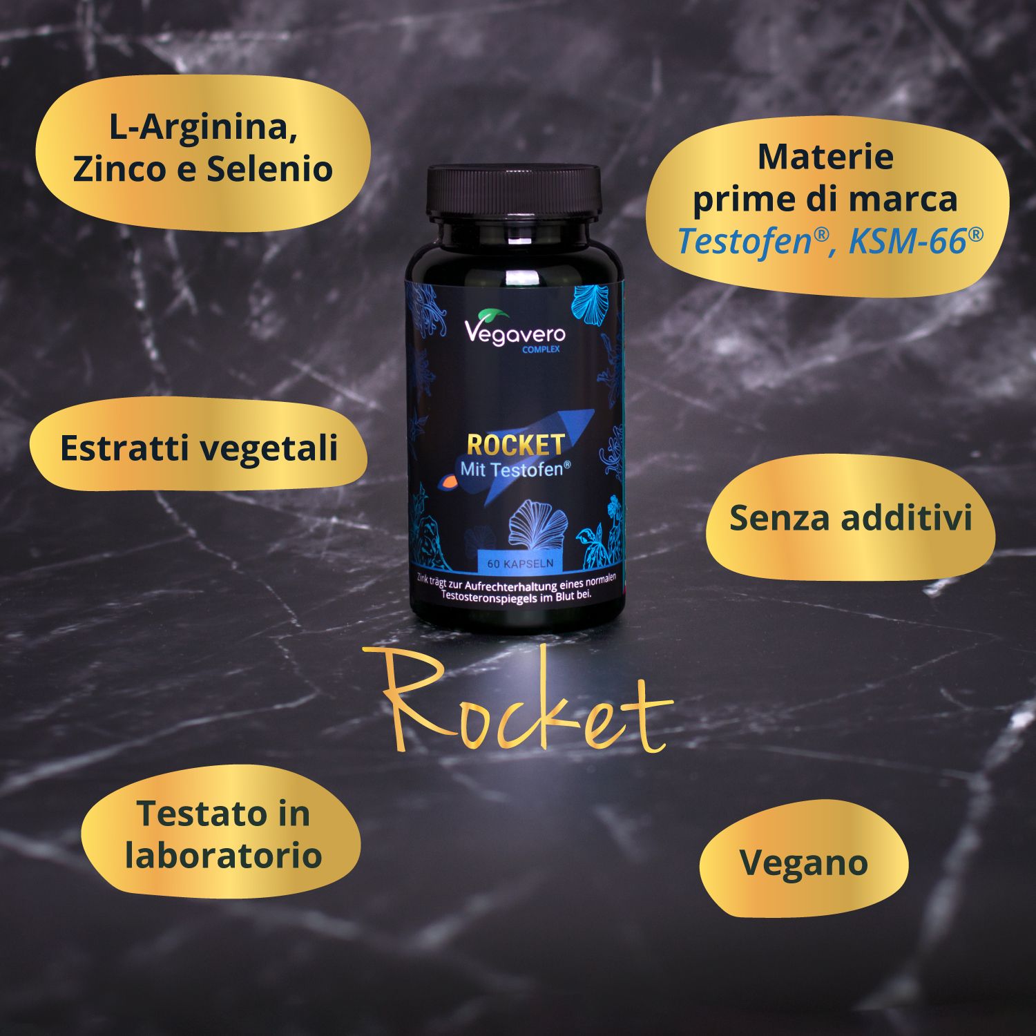Flacone del prodotto circondato da icone. Icone che mostrano ingredienti, dettagli di produzione, test di laboratorio, marchio Vegan e altro.
