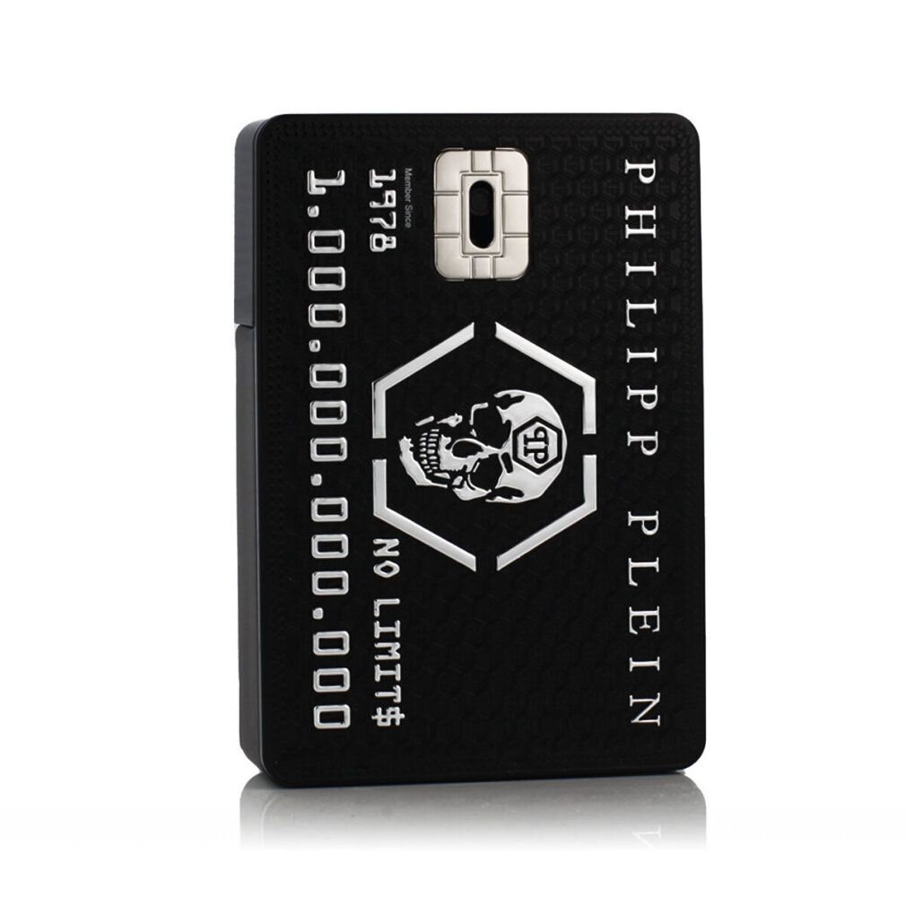 Flacone rettangolare nero. Scritte: PHILIPP PLEIN, NO LIMITS, logo teschio, 1.000.000.000.000, 1978. Dettagli argento.