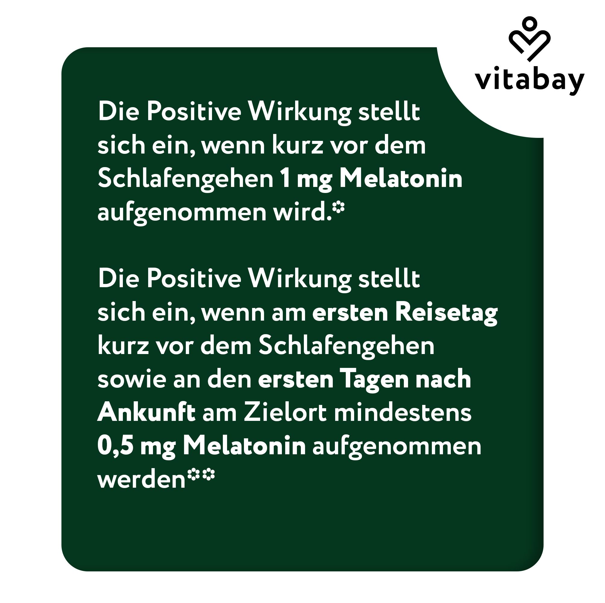 Testo su sfondo verde. Logo Vitabay. Testo: L'effetto positivo si verifica quando si assumono 1 mg di melatonina poco prima di andare a dormire.