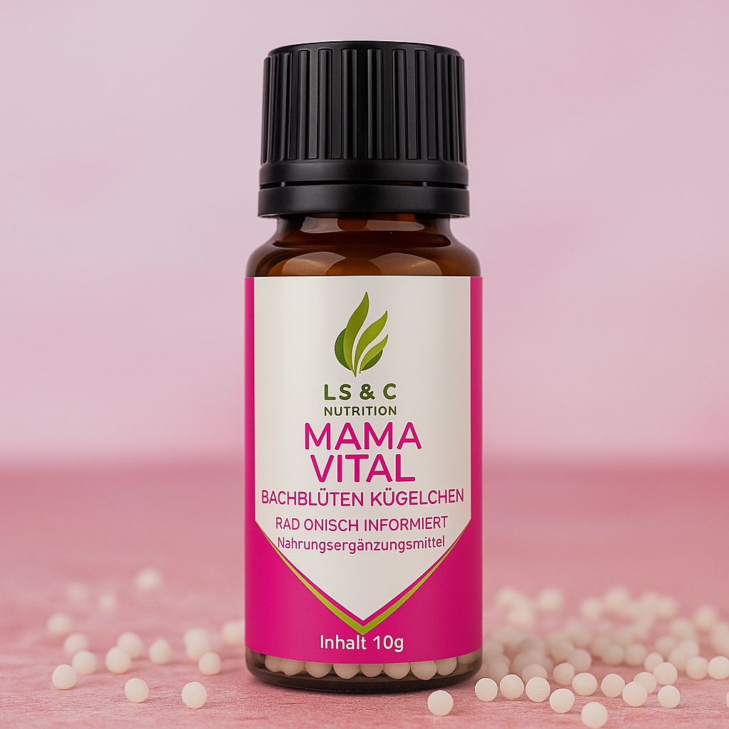 Flacone di vetro marrone con tappo nero ed etichetta rosa. Scritta: Mama Vital, globuli ai fiori di Bach, integratore alimentare. Contenuto 10g. Globuli sparsi.