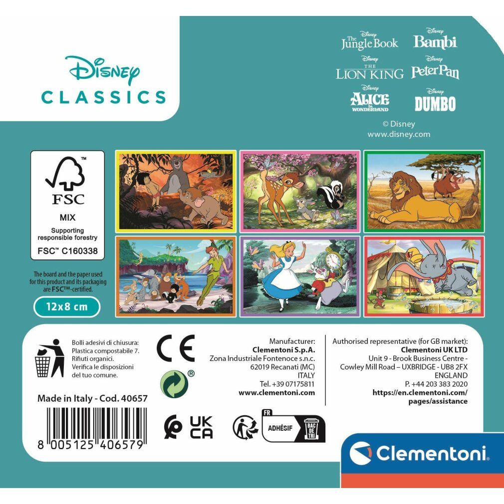 Retro della confezione del puzzle cubi Disney Classics. Informazioni su produttore, certificazione FSC e riciclaggio.