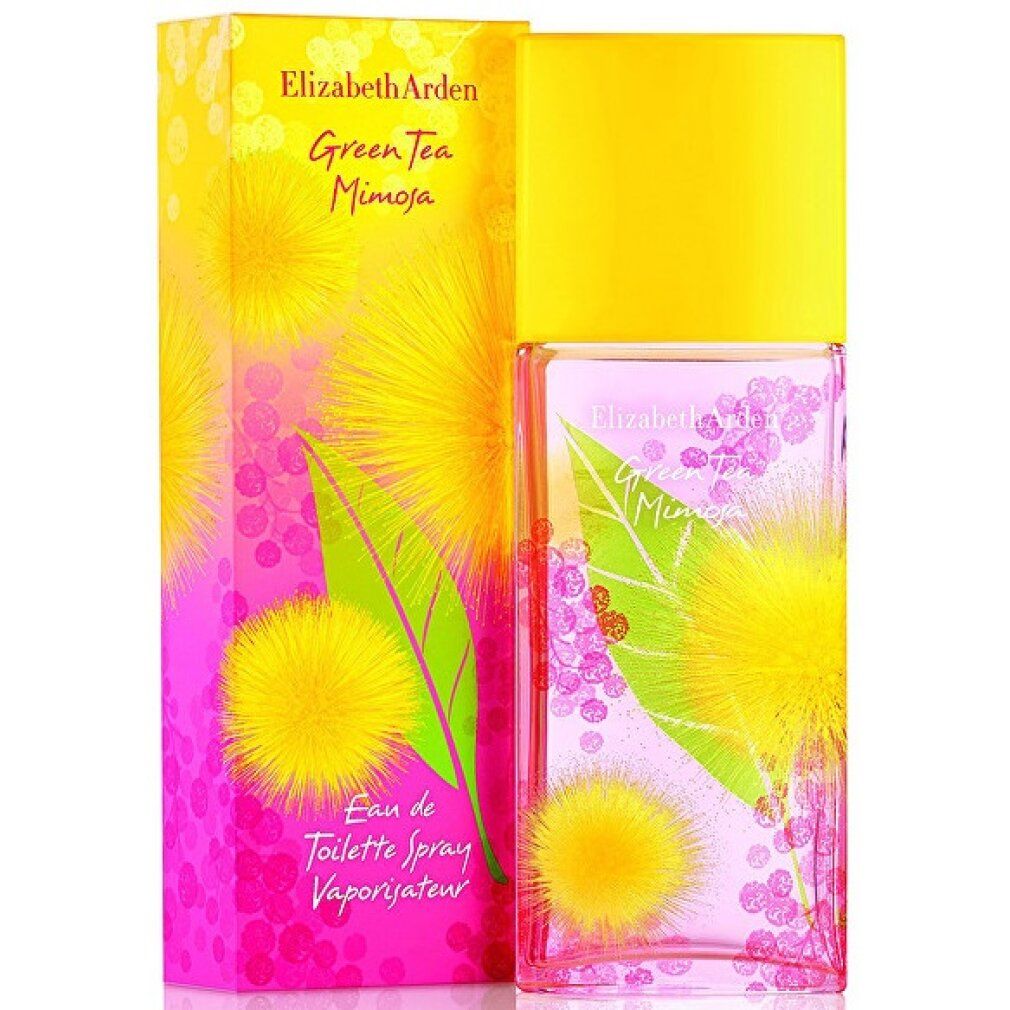 Flacone e confezione. Flacone rettangolare, tappo giallo. Confezione rosa con design floreale. Scritta: Green Tea Mimosa.