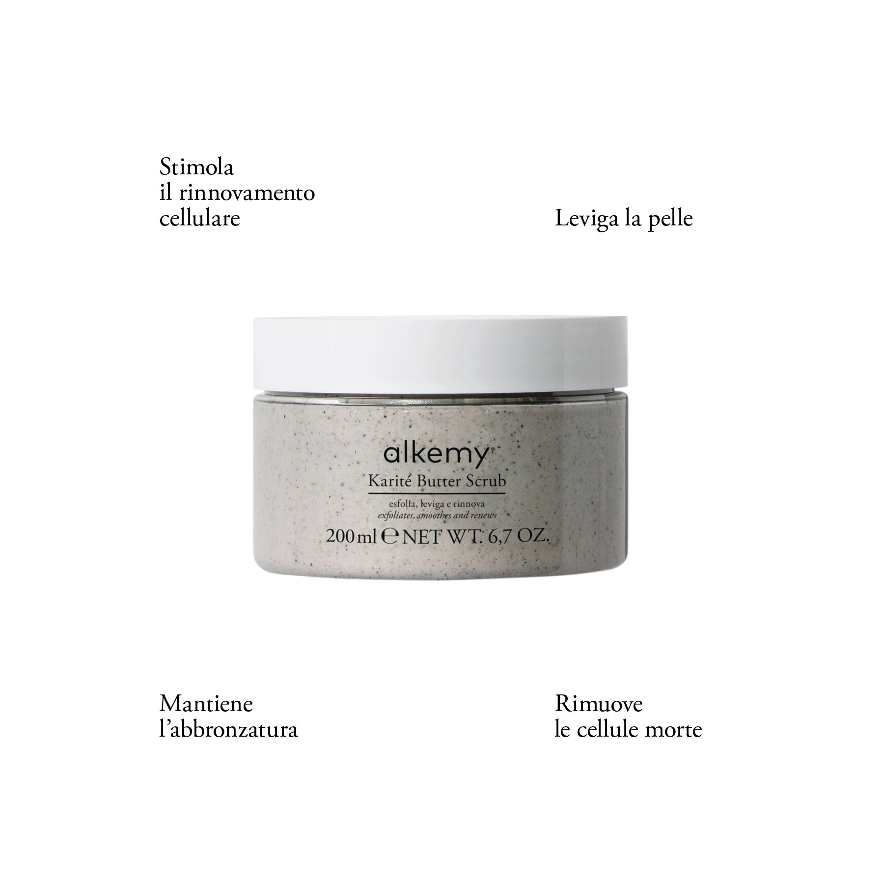 Alkemy Karité Butter Scrub esfoliante corpo in barattolo con testo.