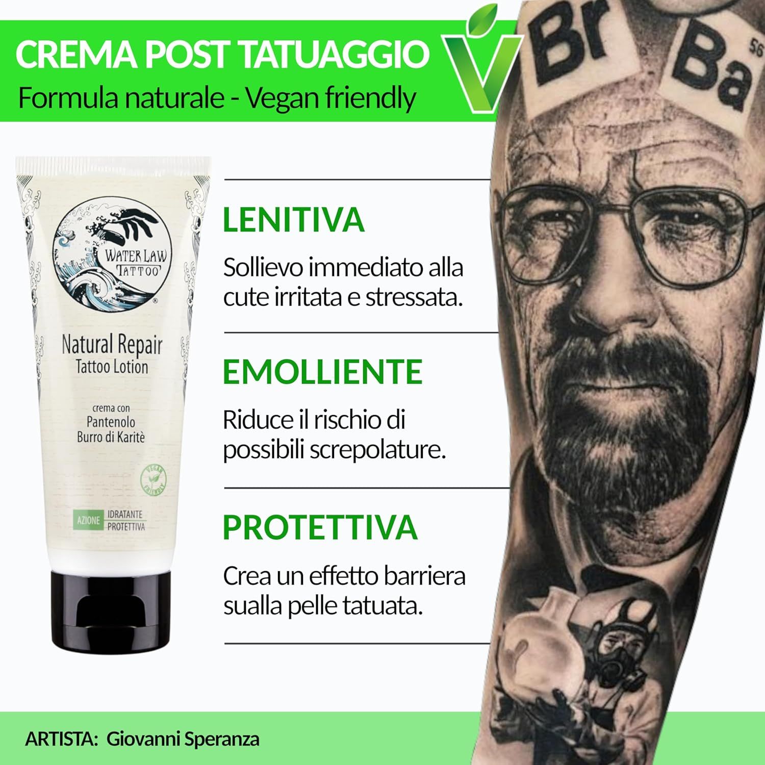 Tubo di crema accanto a braccio tatuato. Testo: Natural Repair Tattoo Lotion. Vegan friendly. Proprietà: lenitiva, emolliente, protettiva.