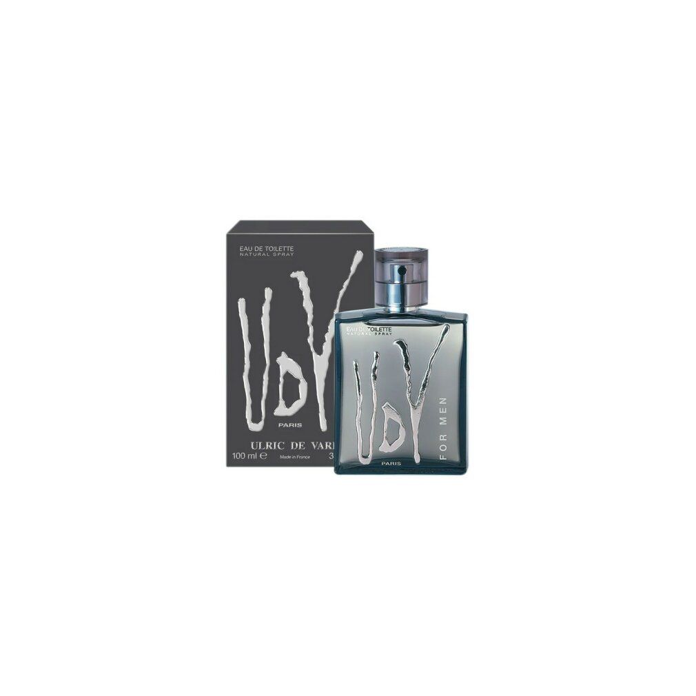 Ulric De Varens Men Eau De Toilette Spray. Flacone e scatola rettangolari. Confezione grigia con scritta bianca. Flacone con liquido bluastro.