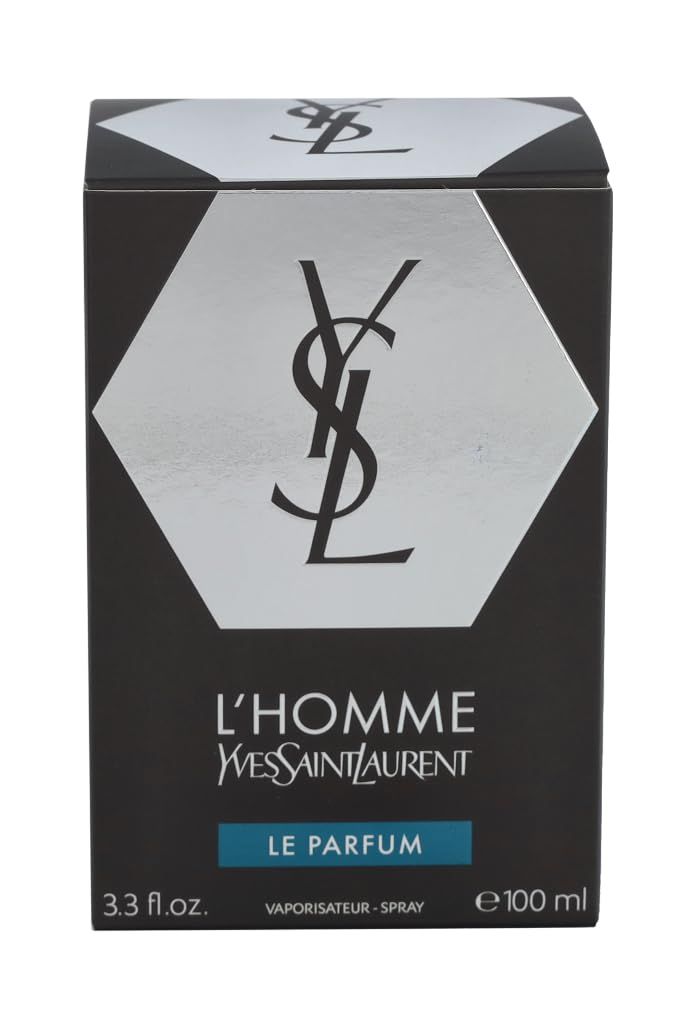 Scatola nera con logo argentato. Scritta: L'HOMME, Yves Saint Laurent, LE PARFUM. In basso: 3.3 fl.oz. e e 100 ml.