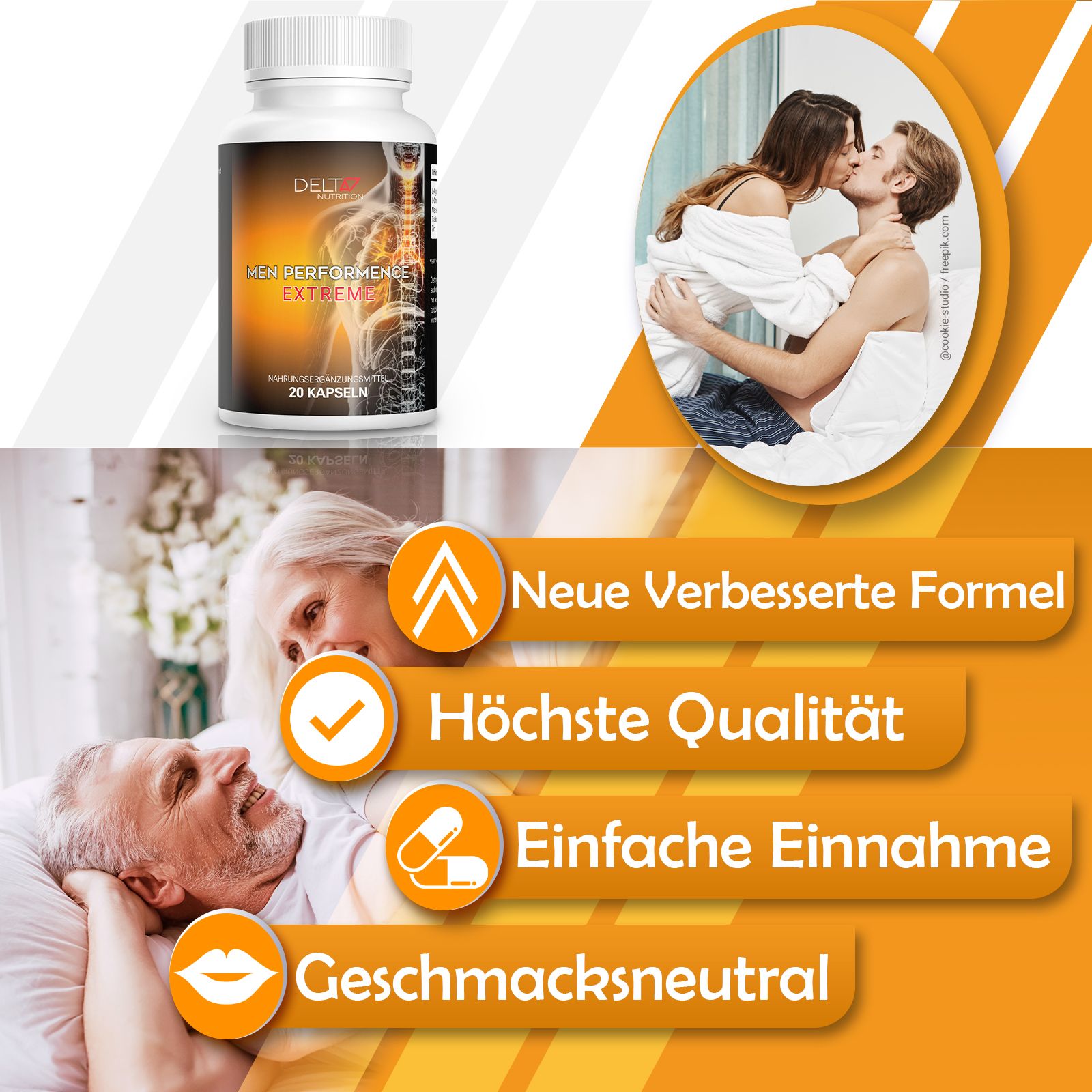 Flacone di capsule, scritta: Men Performance Extreme, 20 capsule. Testo: Nuova formula migliorata, Massima qualità, Facile assunzione, Insapore.