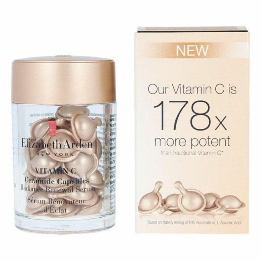 Flacone in vetro con capsule dorate e scatola. Scritta: Elizabeth Arden Vitamin C Ceramide Capsules. Scatola con testo: 178x più potente.