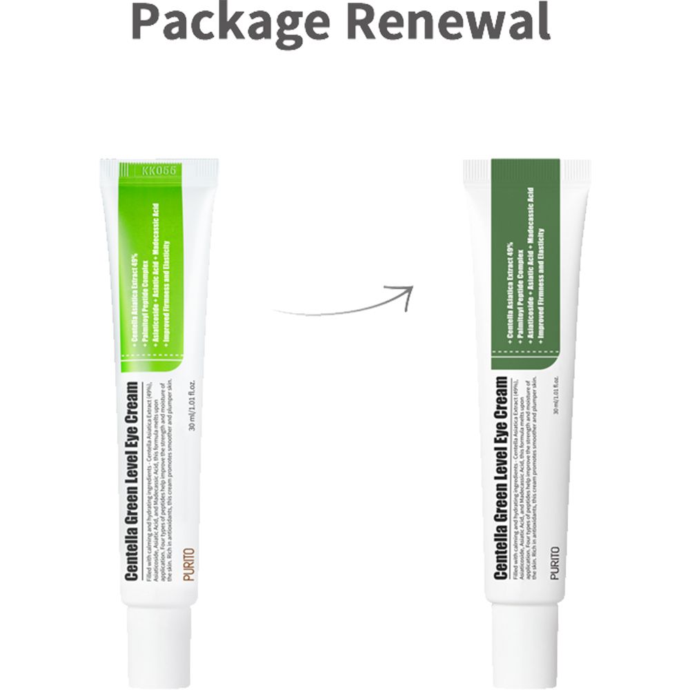 Confronto tra due tubetti di crema per gli occhi. A sinistra: Centella Green Level Eye Cream. A destra: Nuovo design.