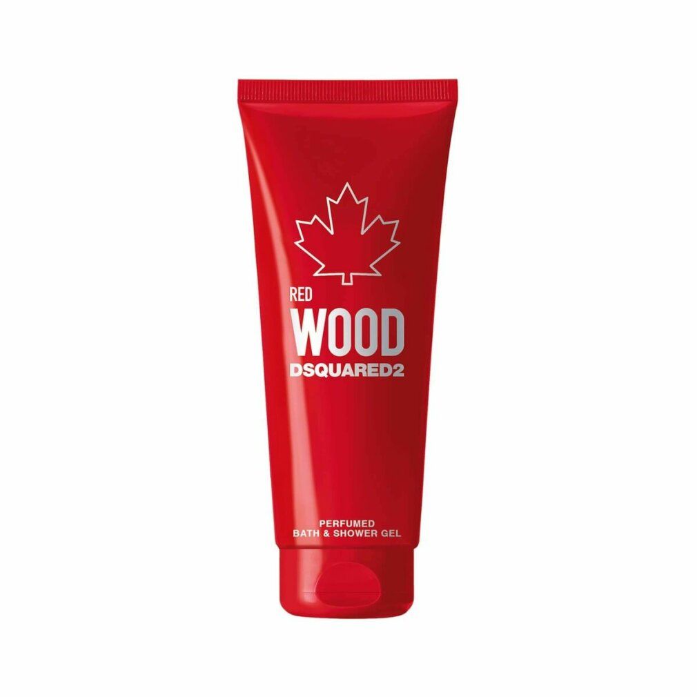 Tubo rosso con logo e testo bianchi. Contiene "Red Wood" e "DSQUARED2". "Perfumed Bath & Shower Gel".