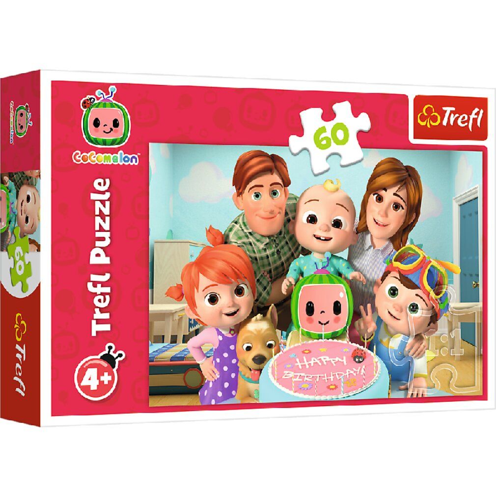 Scatola puzzle Cocomelon, logo Trefl, 60 pezzi, consigliato per bambini dai 4 anni in su.