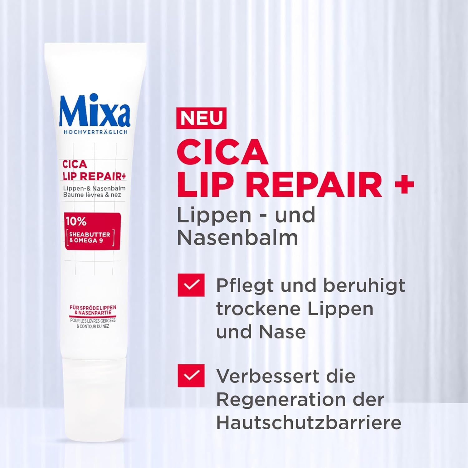 Tubo bianco Mixa Cica Lip Repair+. Testo: Nuovo, Cica Lip Repair+, balsamo labbra e naso. Cura e lenisce labbra e naso secchi.