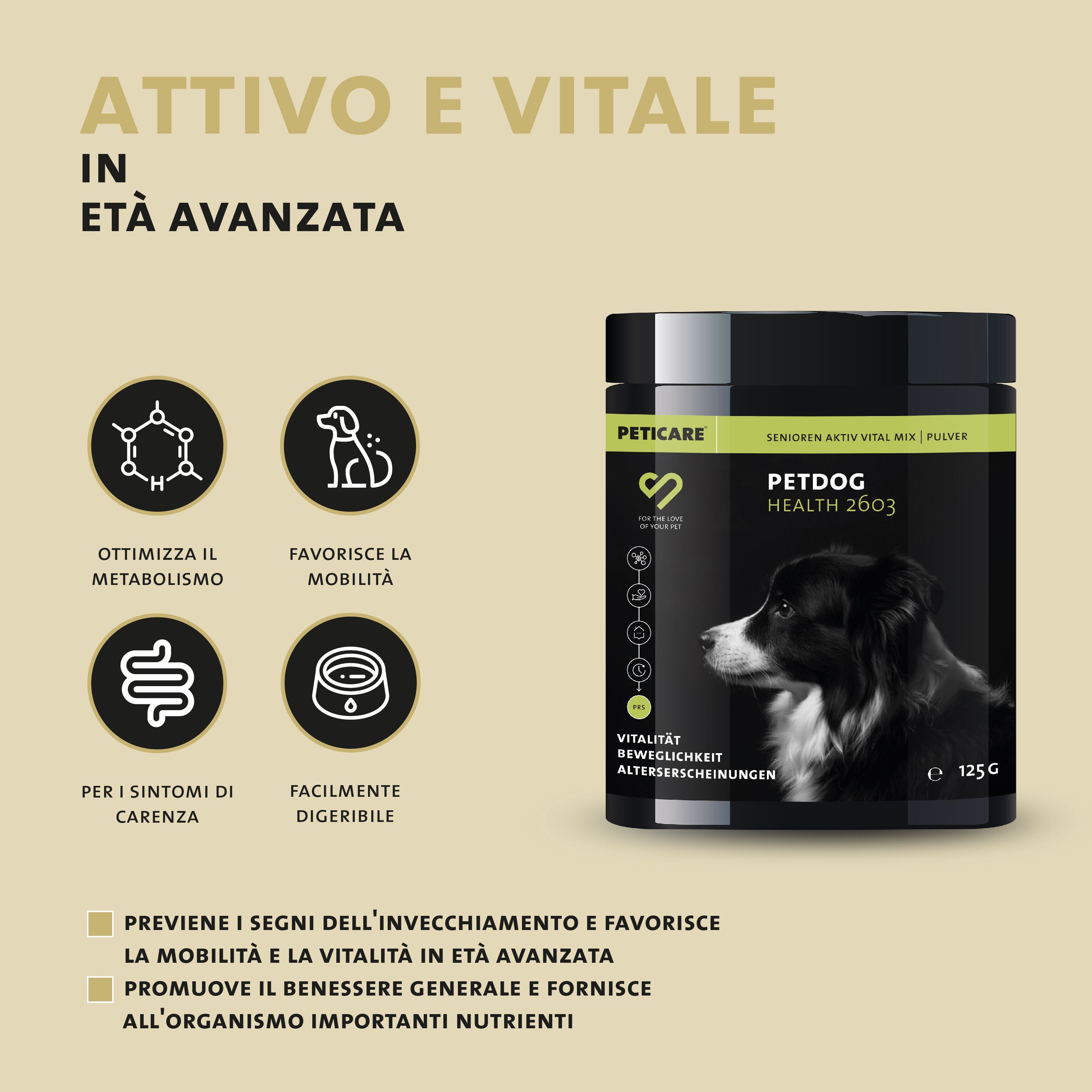 Barattolo Peticare Petdog Health 2603, ottimizza il metabolismo, favorisce la mobilità.