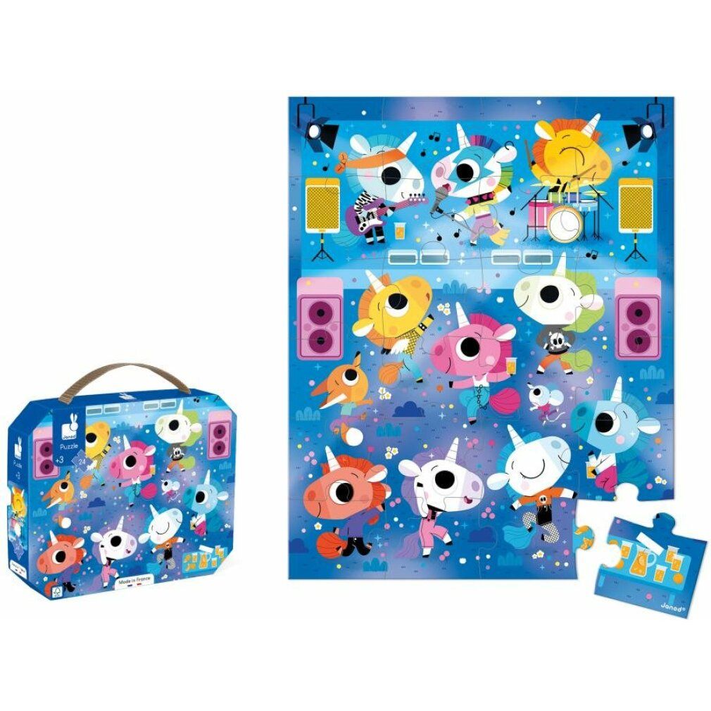 Puzzle Janod in valigetta e puzzle. 24 pezzi. Unicorno al concerto. Valigetta e puzzle affiancati. Sfondo blu.