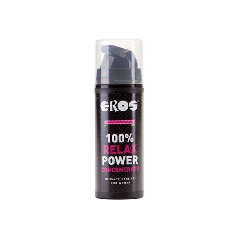Flacone scuro con dosatore. Scritta: EROS, 100% RELAX POWER CONCENTRATE, Intimate Care Gel for Women.
