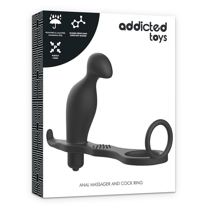 Confezione del prodotto. Plug anale nero con anello in silicone. Marchio Addicted Toys. Testo: Anal Massager and Cock Ring.