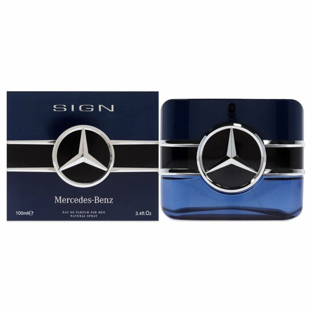 Flacone blu e confezione con logo Mercedes-Benz. Flacone rettangolare, logo nero.