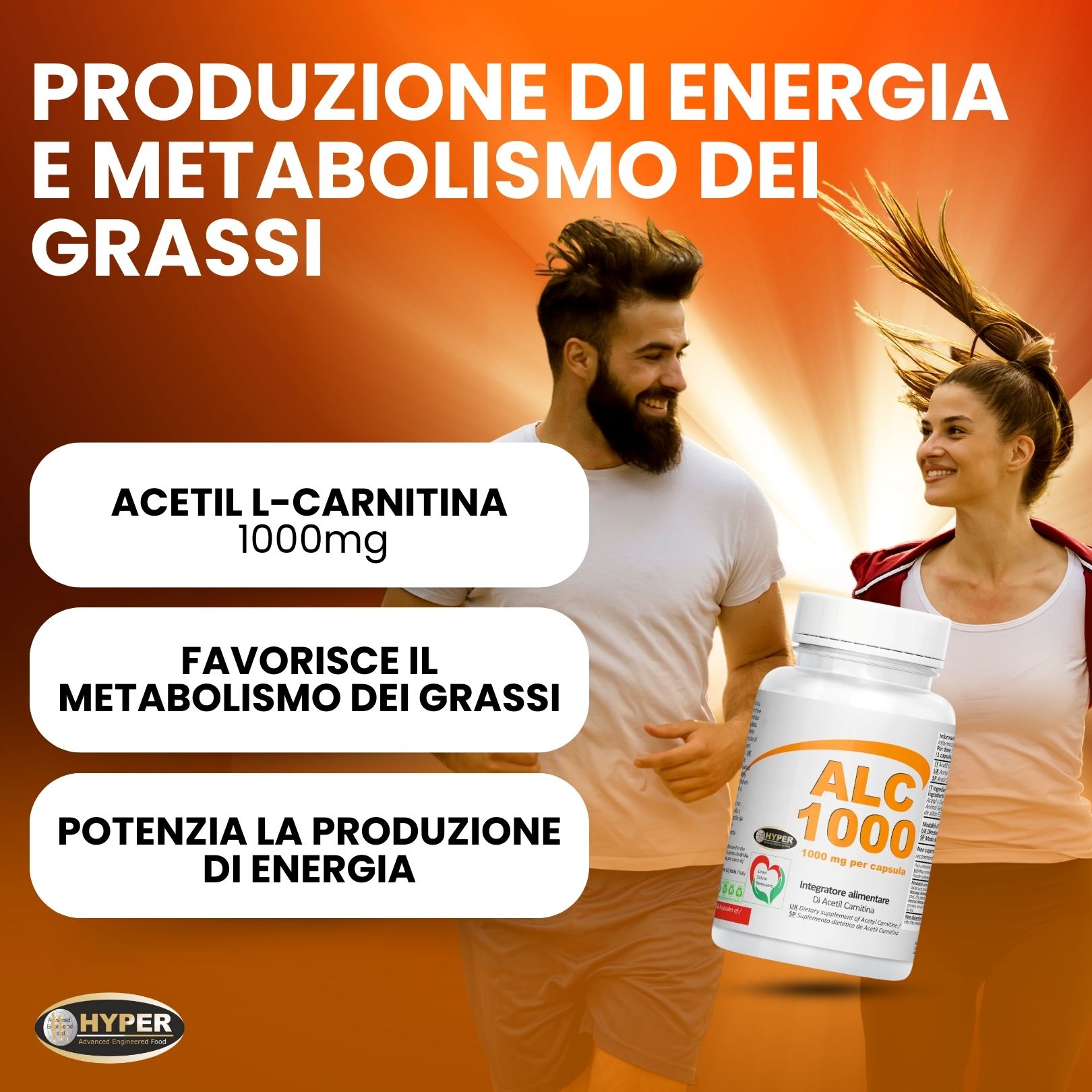 Flacone bianco ALC 1000. Testo: Acetil L-Carnitina 1000mg, favorisce il metabolismo dei grassi, aumenta la produzione di energia. Uomini e donne.