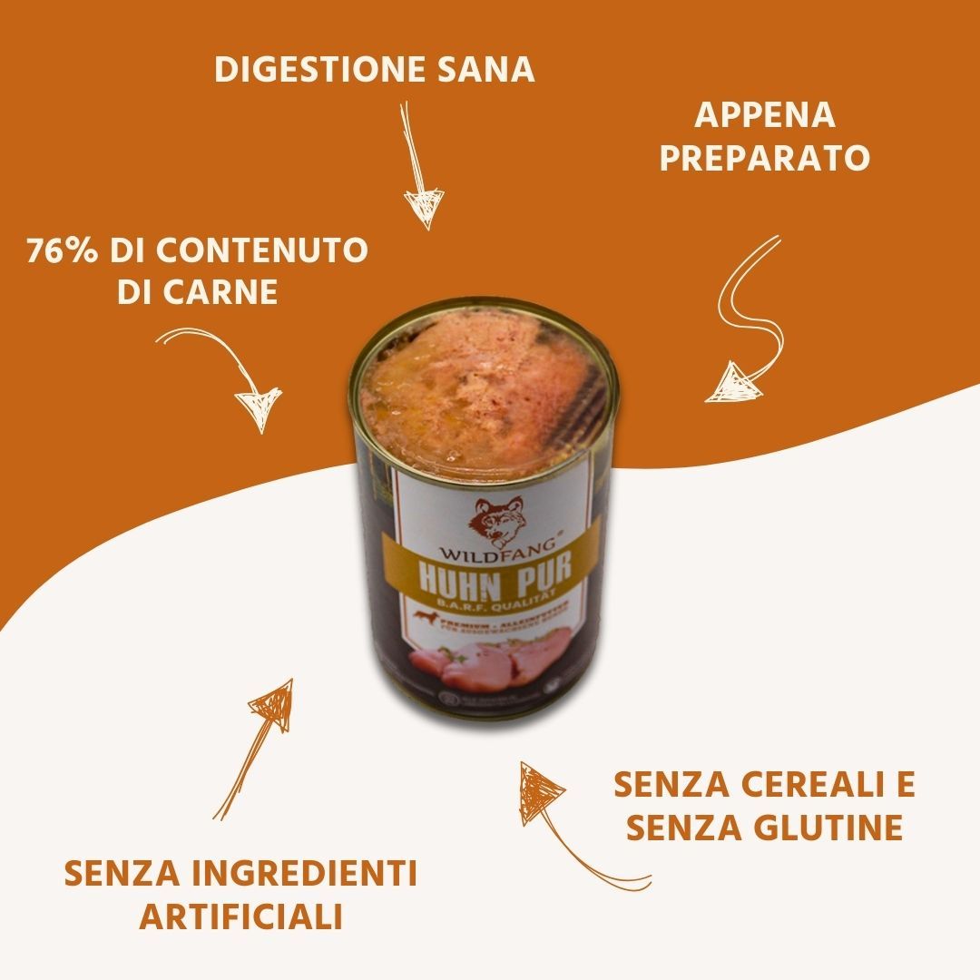 Lattina di cibo per cani con « Huhn Pur ». Scritta: Wildfang, Huhn Pur, B.A.R.F. Qualità. Frecce indicano gli ingredienti.
