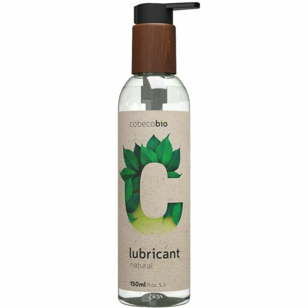 Flacone trasparente con tappo in legno marrone e pompetta nera. Etichetta con motivo a foglie verdi e scritta "lubricant natural".