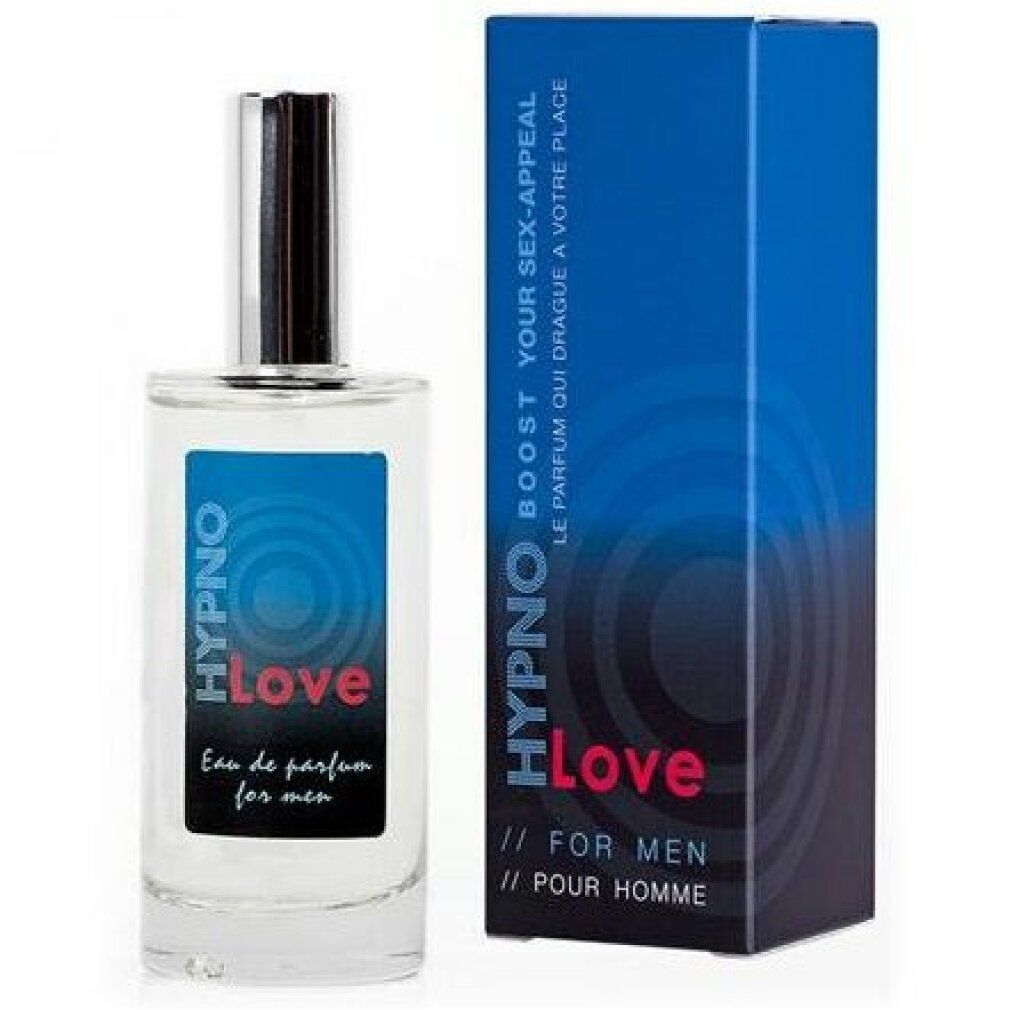 Flacone di vetro e scatola. Flacone con etichetta blu: HYPNO Love. Scatola: HYPNO Love, Boost your sex-appeal.