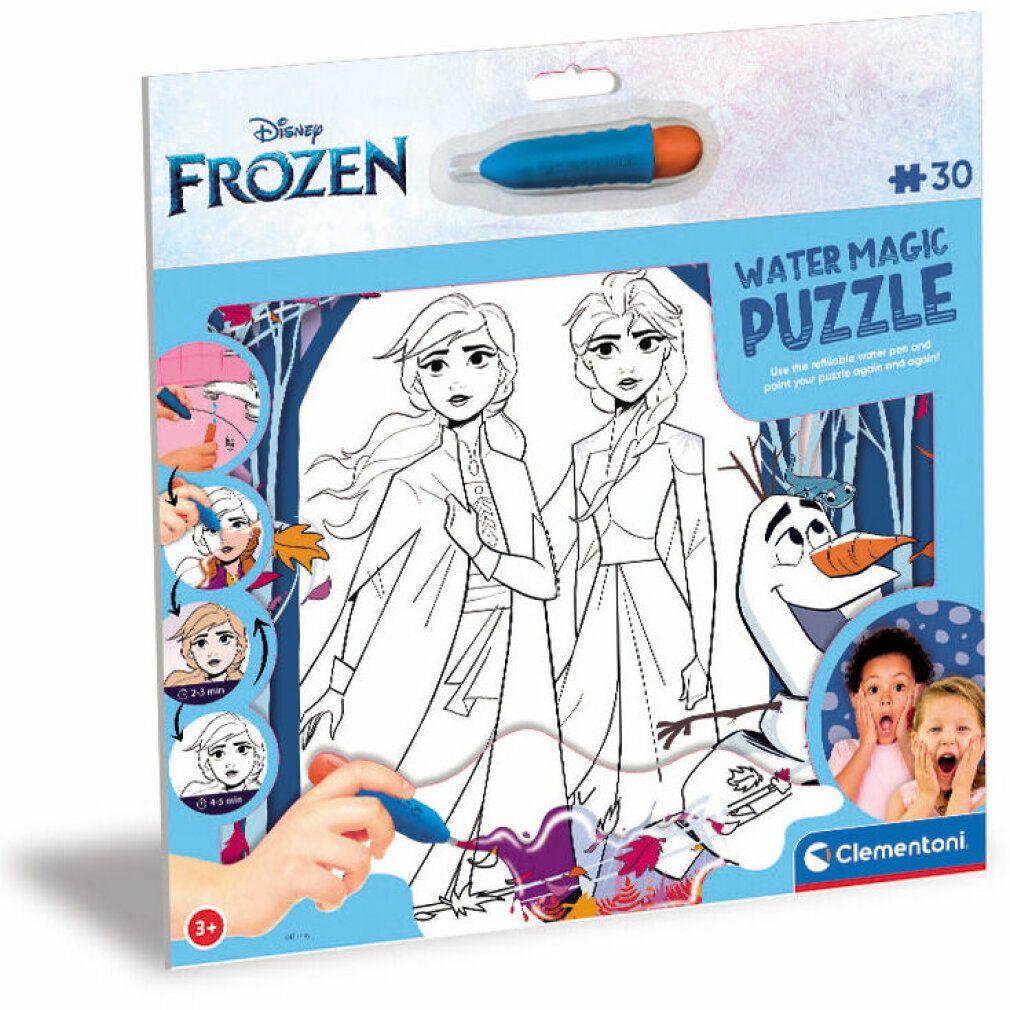 Confezione puzzle Disney Frozen Water Magic. Include penna. Stampa: Elsa, Anna, Olaf. 30 pezzi. Clementoni.