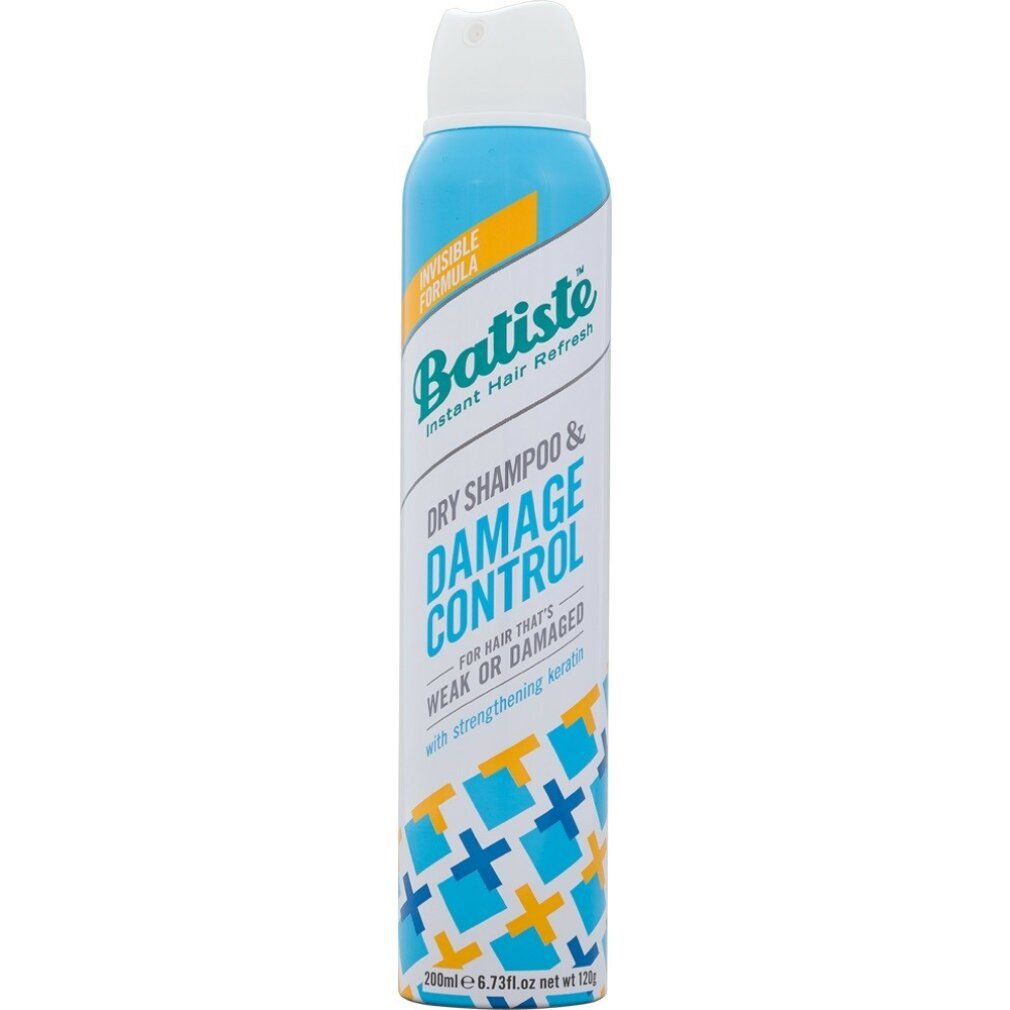 Batiste Dry Shampoo & Damage Control. Flacone spray blu con tappo bianco. Testo: Per capelli deboli o danneggiati.
