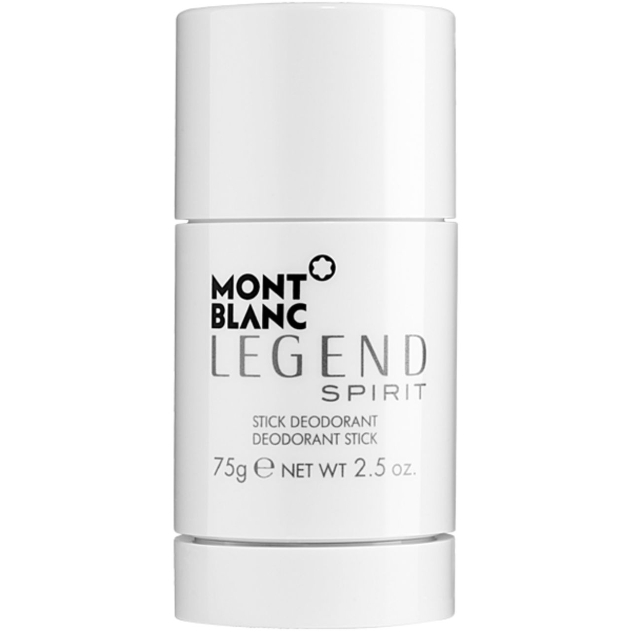Stick deodorante bianco. Scritta: MONTBLANC LEGEND SPIRIT, STICK DEODORANT, 75g NET WT 2.5 oz.