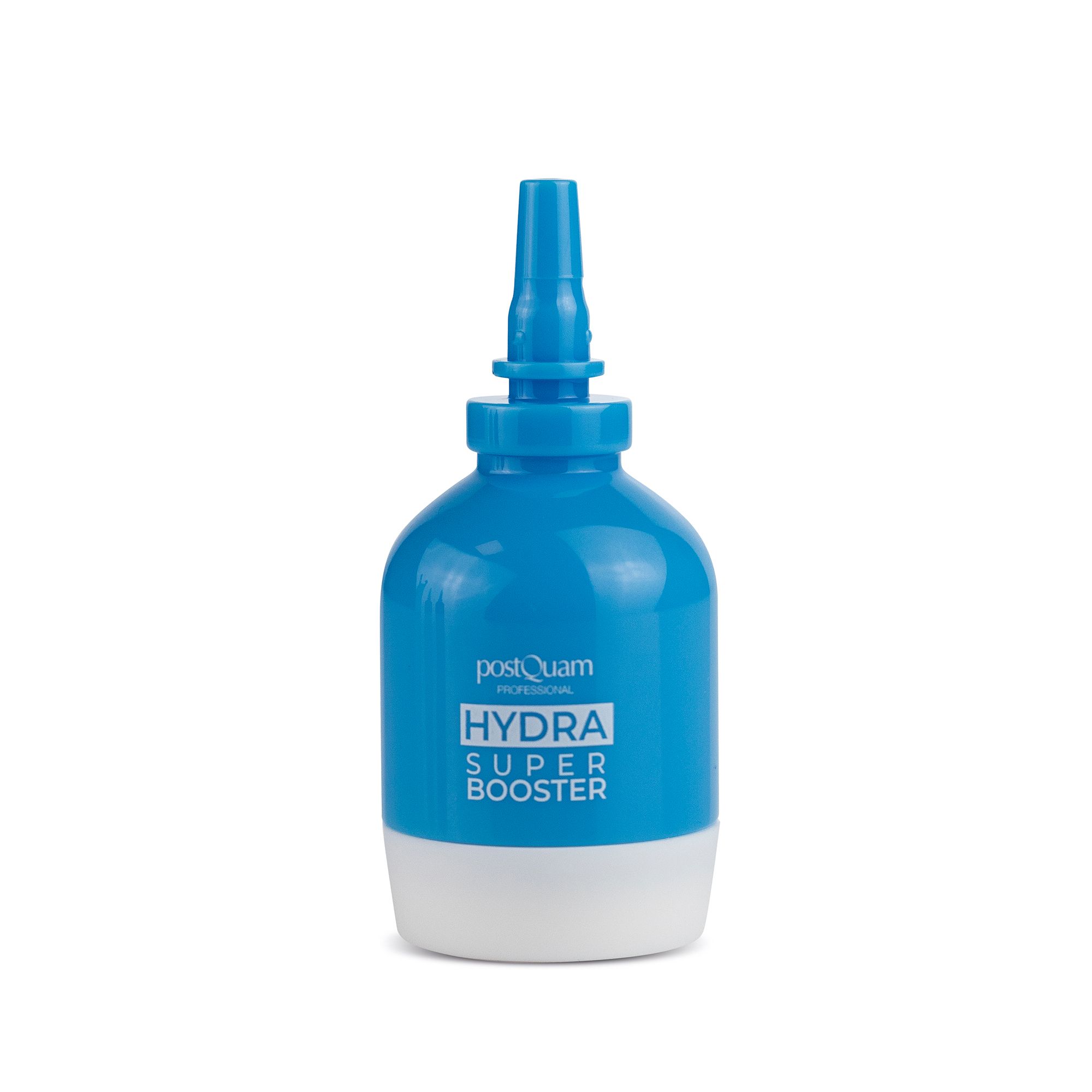 Flacone blu e bianco con applicatore. Scritta: PostQuam HYDRA SUPER BOOSTER. L'applicatore è collegato al flacone.