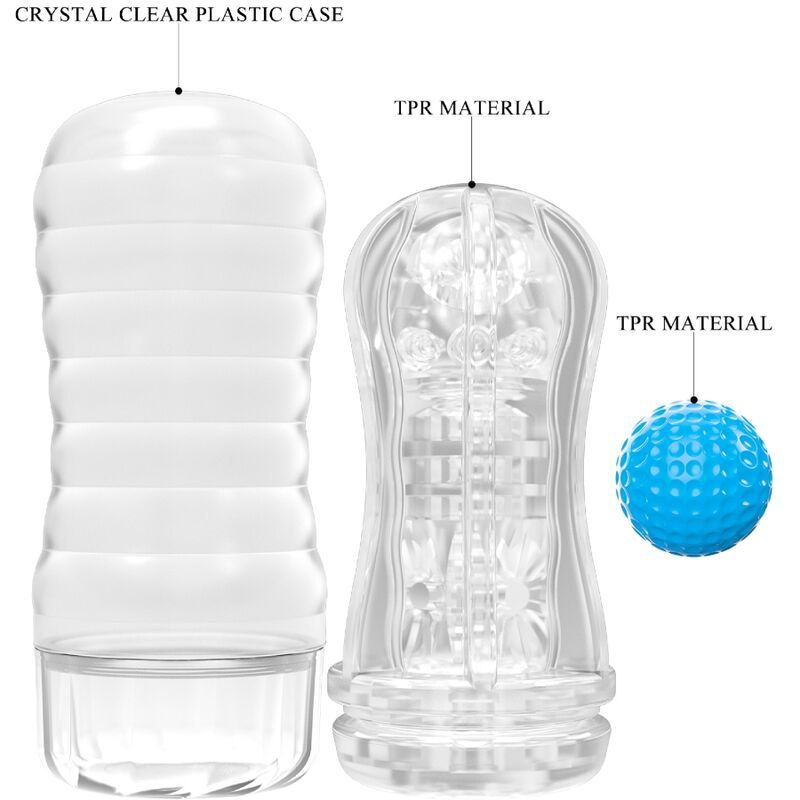Masturbatore: custodia in plastica trasparente, interno in TPR, sfera blu.