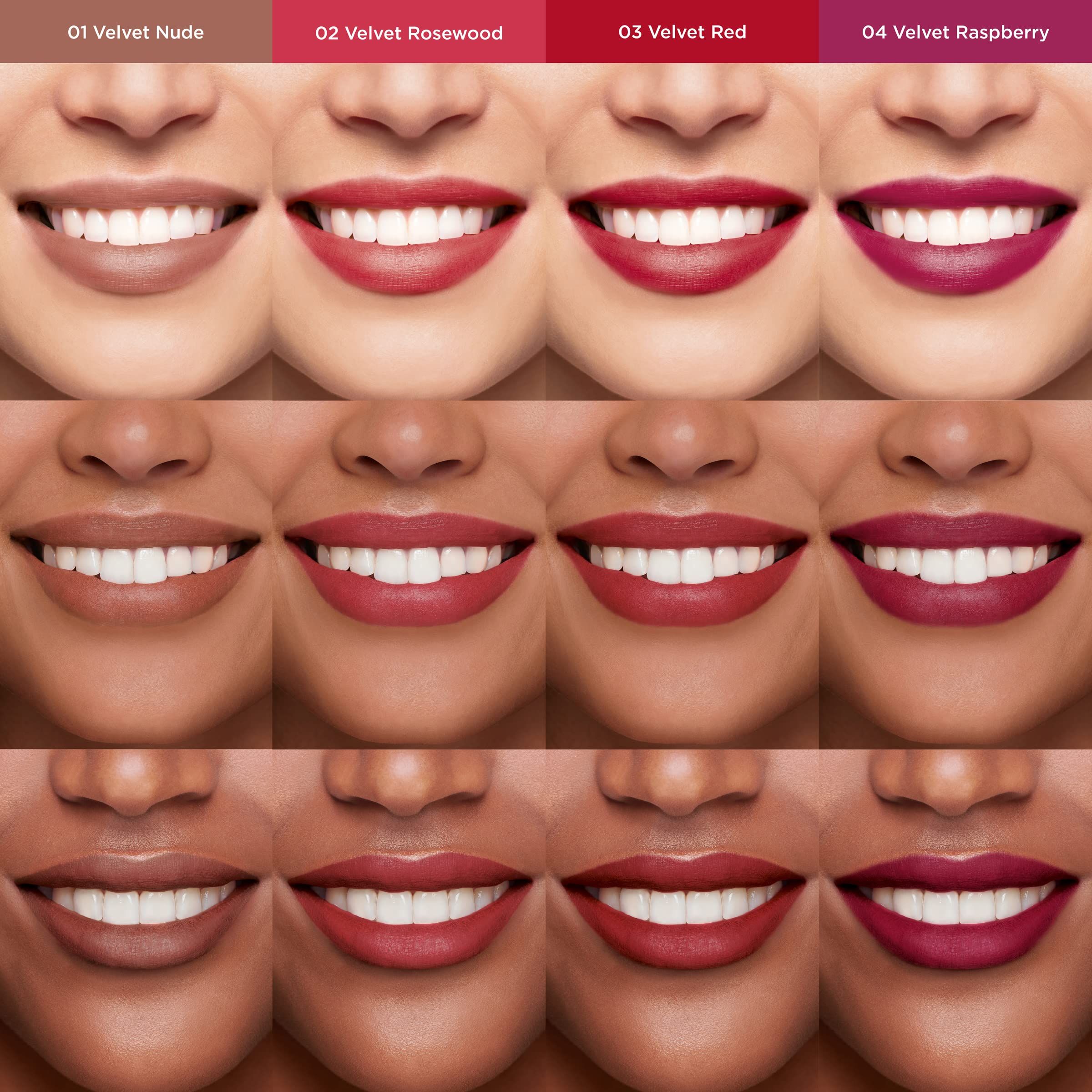 Diverse labbra che mostrano diverse tonalità di Velvet Lip Perfector. I colori vanno dal nude al lampone.