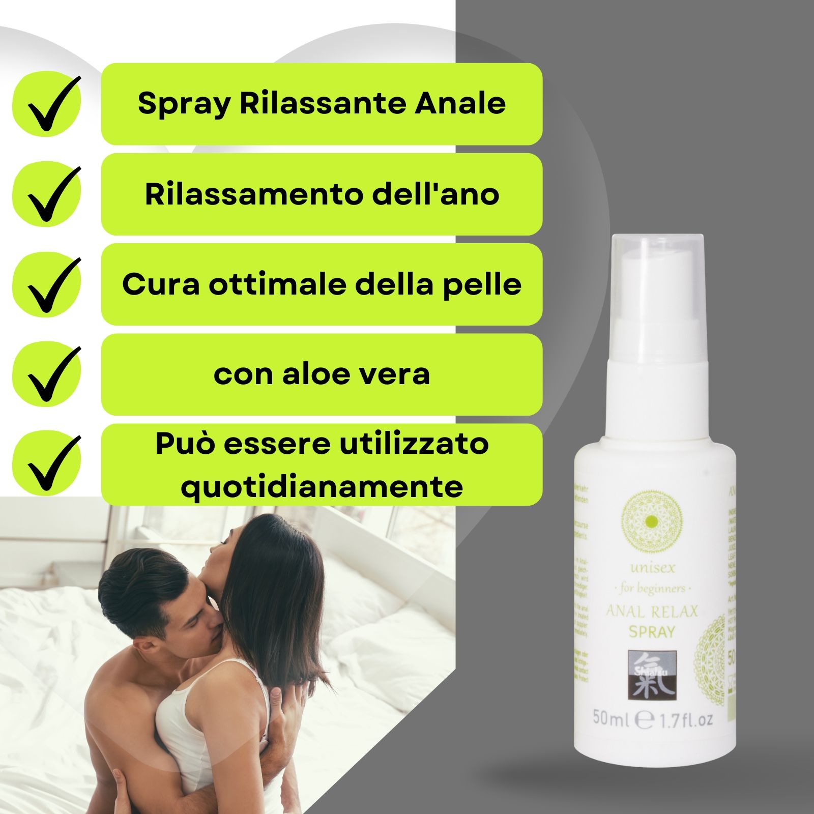Flacone bianco e coppia. Scritta: ANAL RELAX SPRAY, unisex, Shiatsu. 50 ml. Testo.
