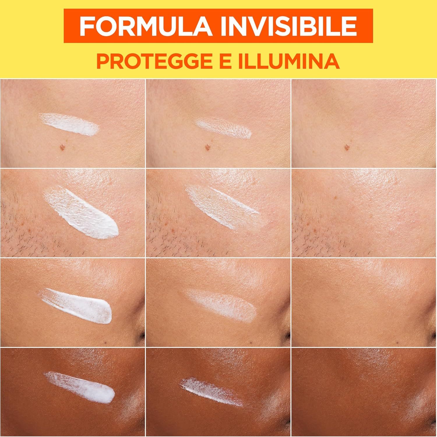 Campioni di pelle con Garnier Vitamin C Daily UV Invisible. 9 quadrati con diverse tonalità di pelle.