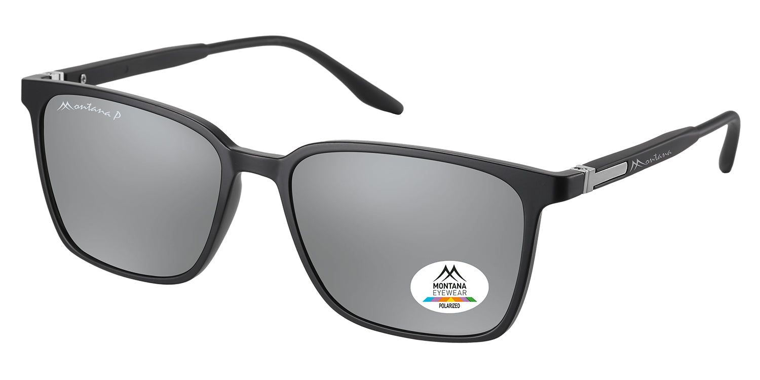 Occhiali da sole neri con lenti argentate. Logo Montana Eyewear sulla stanghetta sinistra. Logo sulla lente destra.