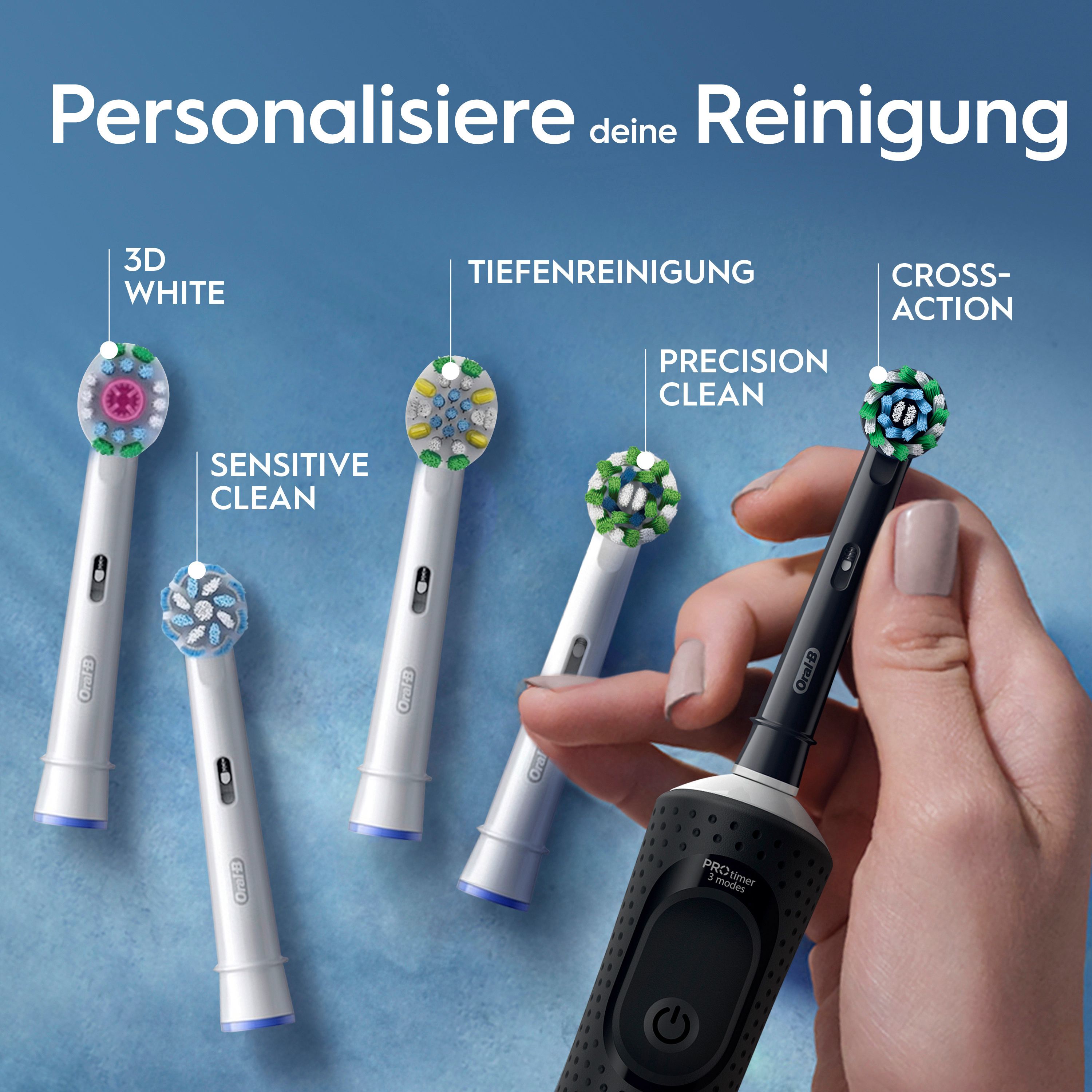 Mano che tiene uno spazzolino elettrico nero. Diverse testine: 3D White, Pulizia profonda, CrossAction, Sensibile, Precision Clean.