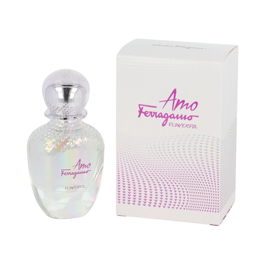 Flacone e scatola di profumo. Scritta: Amo Ferragamo Flowerful. Flacone con tappo argentato e vetro iridescente.