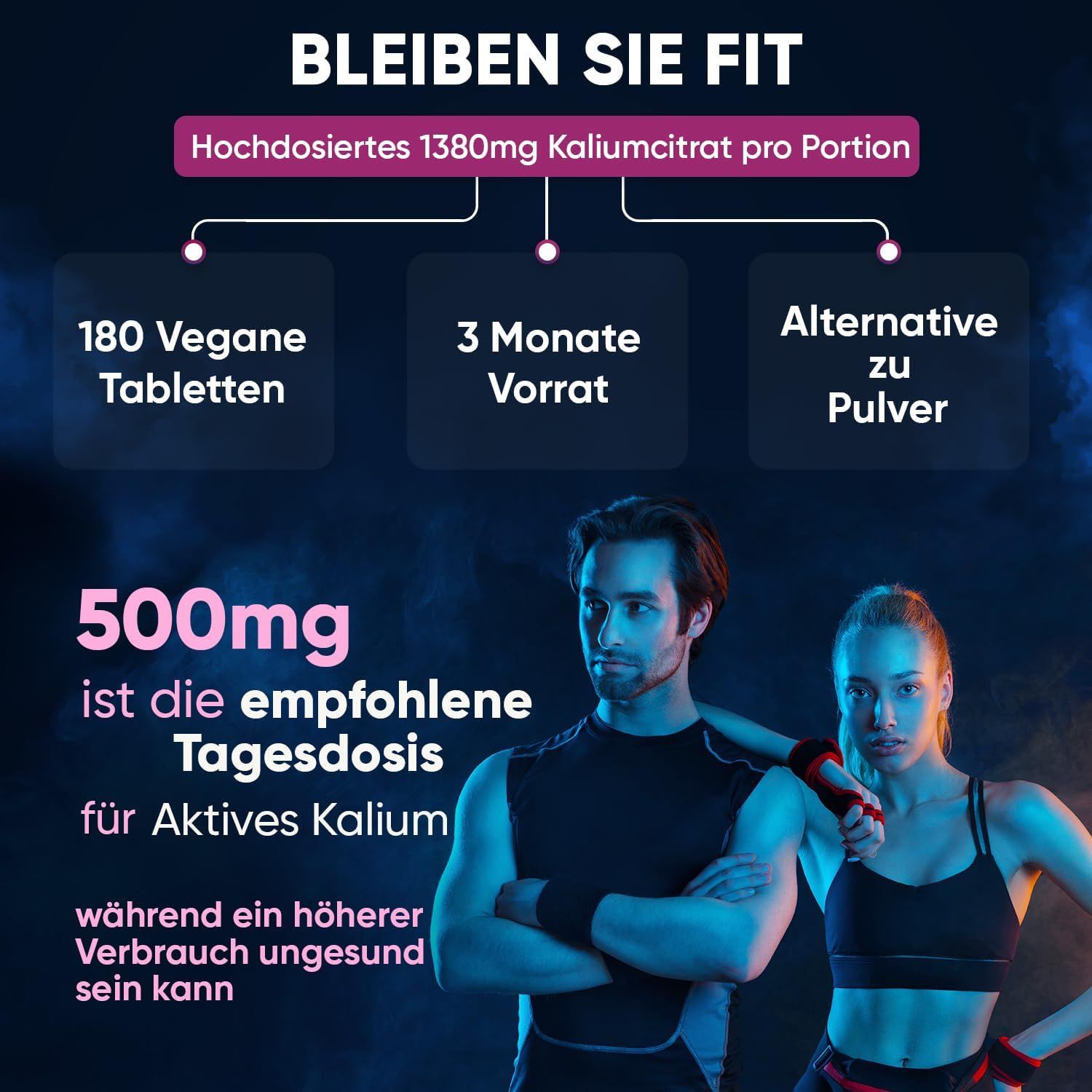 Immagine pubblicitaria con testo: Mantieniti in forma. 1380mg di citrato di potassio per porzione. 180 compresse vegane. 3 mesi di scorta.