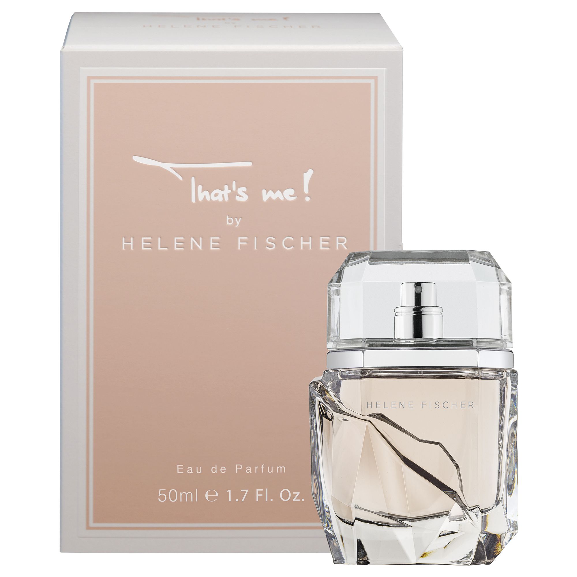 Flacone di profumo e confezione. Flacone in vetro sfaccettato. Confezione con scritta: That's me! by Helene Fischer.