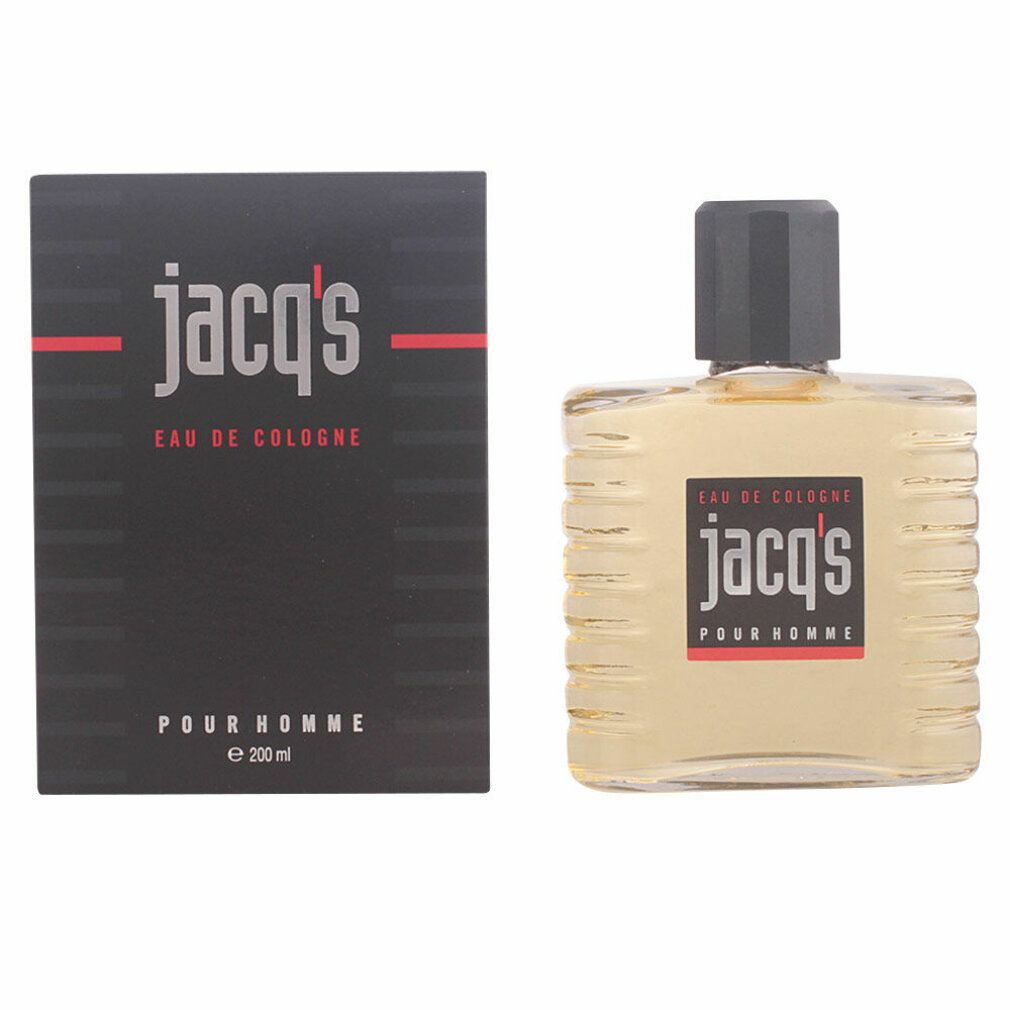 Flacone e scatola di Eau de Cologne. Scatola nera con testo rosso. Flacone con tappo grigio.