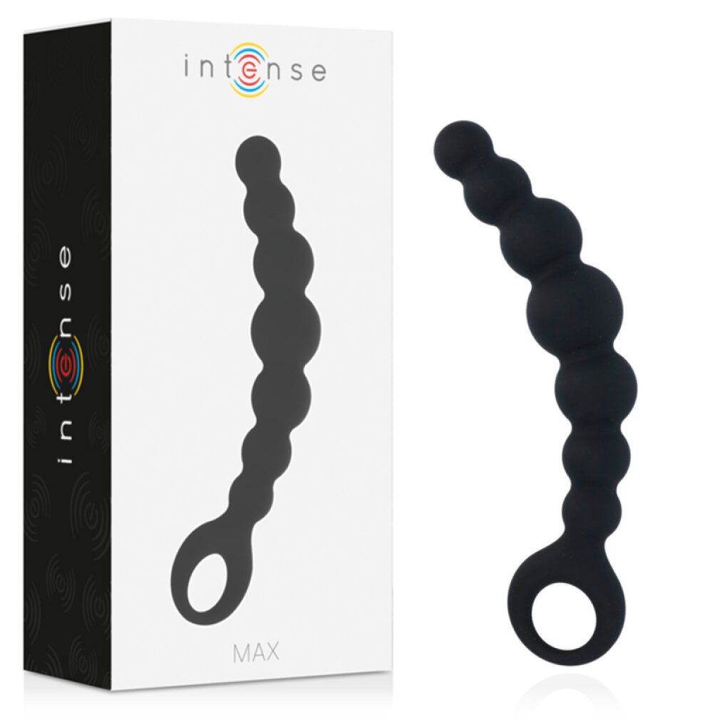 Confezione e bacchetta anale nera con 7 sfere. Marca: Intense.