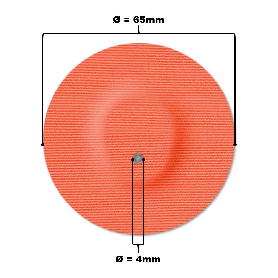 Cerotto rotondo arancione con foro. Diametro 65mm, foro 4mm. Su sfondo bianco.