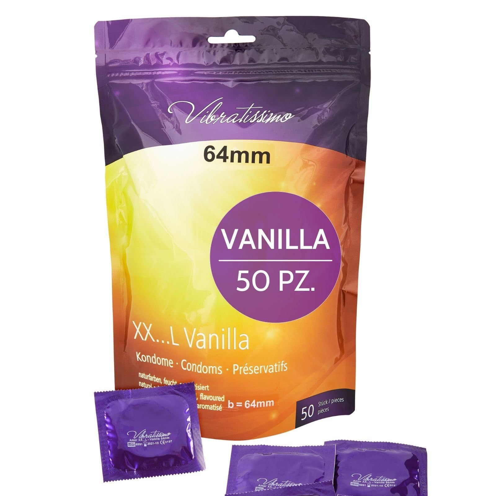 Preservativi Vibratissimo XXL Vaniglia, 64mm, 50 pezzi, confezionati singolarmente.