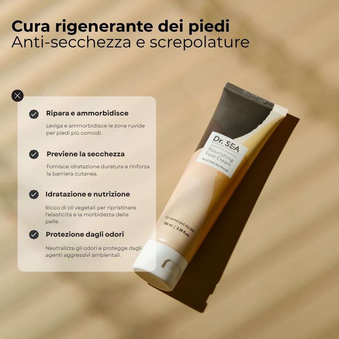 Tubo di crema per i piedi accanto a un'infografica. Testo: « Cura rigenerante dei piedi ». Nome del prodotto e marchio. Testo: « Ripara e ammorbidisce ».