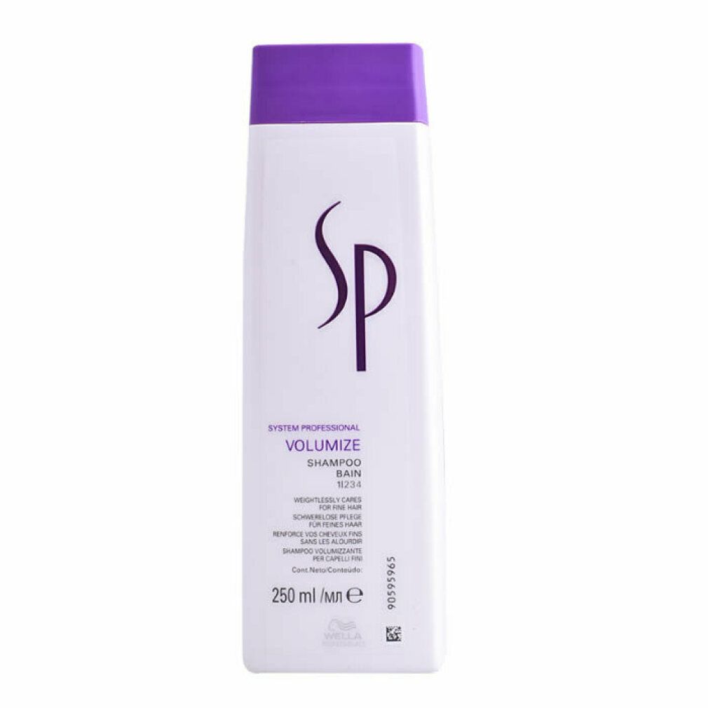 Shampoo bianco con tappo viola. Scritta: SP, Volumize Shampoo, 250 ml. Logo Wella.