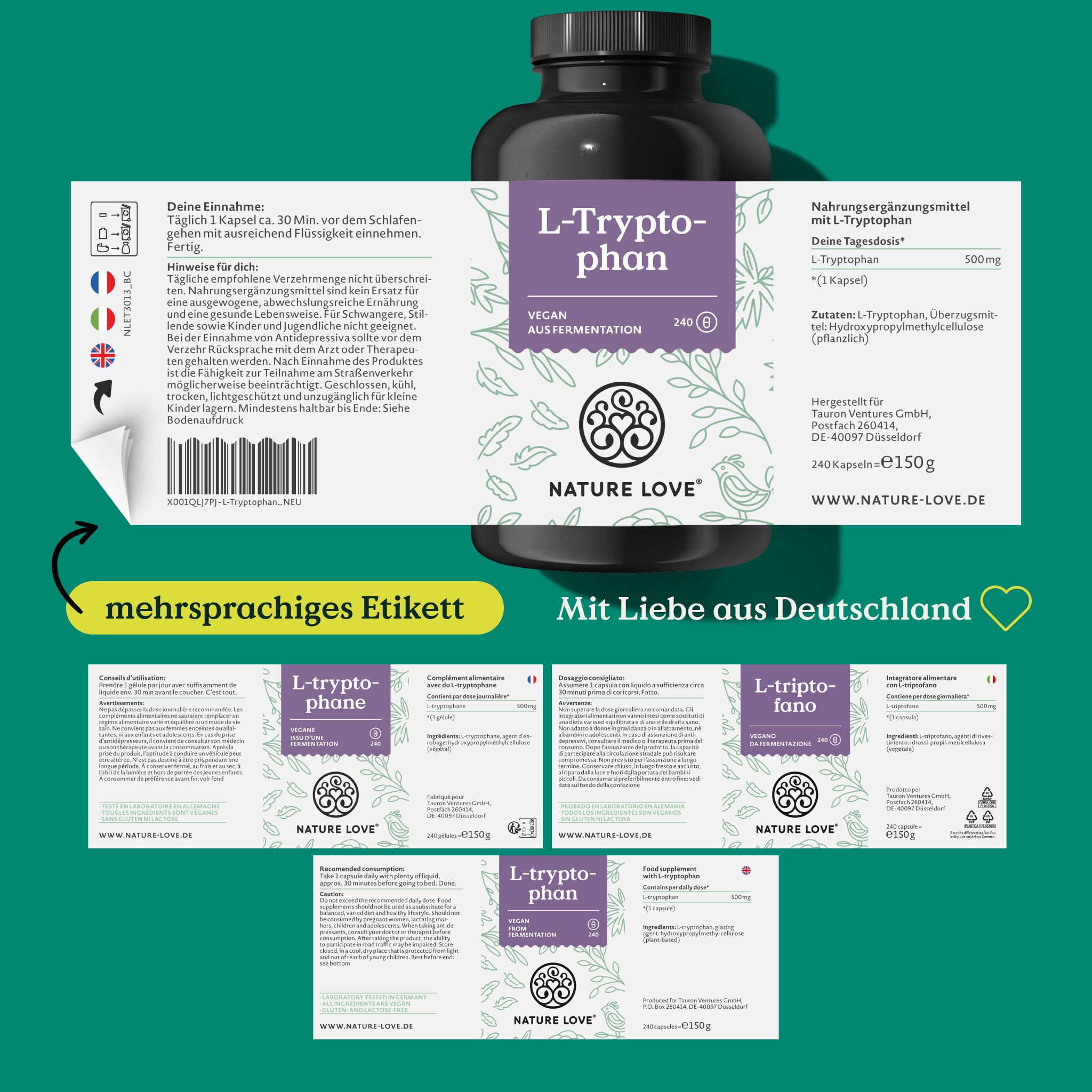 Etichetta del prodotto con informazioni multilingue. Flacone di L-Triptofano e logo NATURE LOVE®. Etichette aggiuntive in diverse lingue.