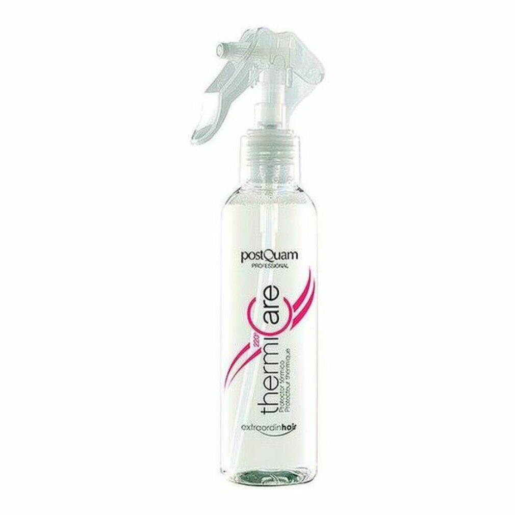 Flacone spray trasparente con etichetta bianca e rosa. Scritta: Thermicare, Professional, protezione termica.